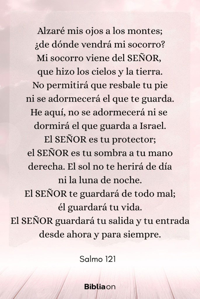 Alzaré mis ojos a los montes; ¿de dónde vendrá mi socorro? Mi socorro viene del SEÑOR, que hizo los cielos y la tierra. No permitirá que resbale tu pie ni se adormecerá el que te guarda. He aquí, no se adormecerá ni se dormirá el que guarda a Israel. El SEÑOR es tu protector; el SEÑOR es tu sombra a tu mano derecha. El sol no te herirá de día ni la luna de noche. El SEÑOR te guardará de todo mal; él guardará tu vida. El SEÑOR guardará tu salida y tu entrada desde ahora y para siempre. (Salmo 121)