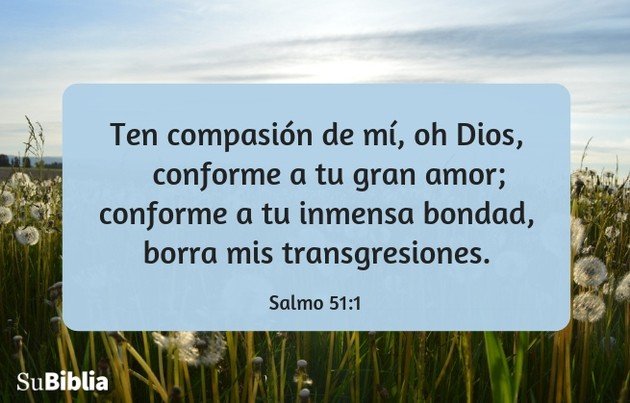 Ten compasión de mí, oh Dios, conforme a tu gran amor; conforme a tu inmensa bondad, borra mis transgresiones. (Salmo 51:1)