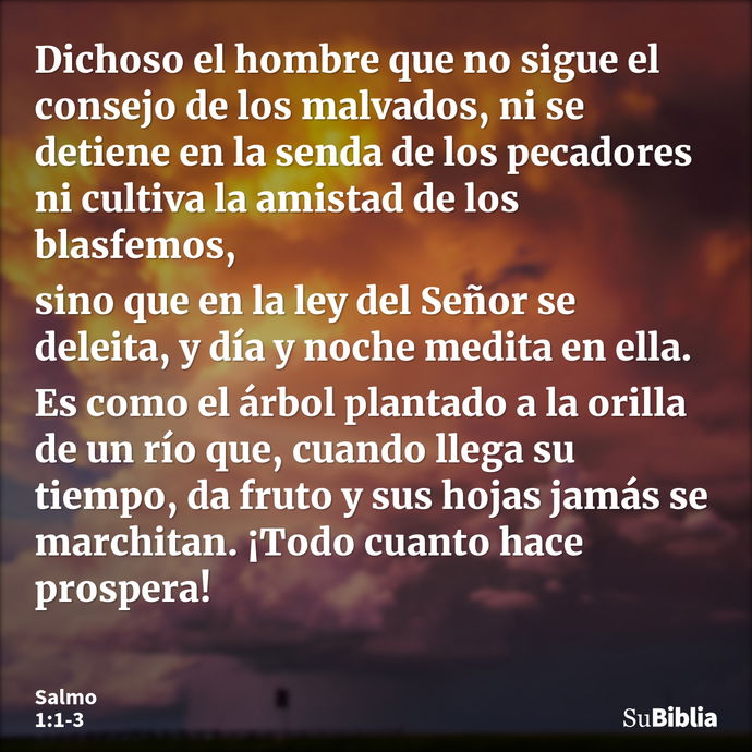 Dichoso el hombre que no sigue el consejo de los malvados, ni se detiene en la senda de los pecadores ni cultiva la amistad de los blasfemos, sino que en la ley... --- Salmo 1:1