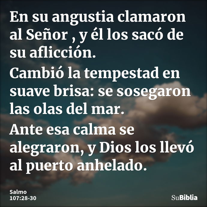 En su angustia clamaron al Señor , y él los sacó de su aflicción. Cambió la tempestad en suave brisa: se sosegaron las olas del mar. Ante esa calma se alegraron... --- Salmo 107:28