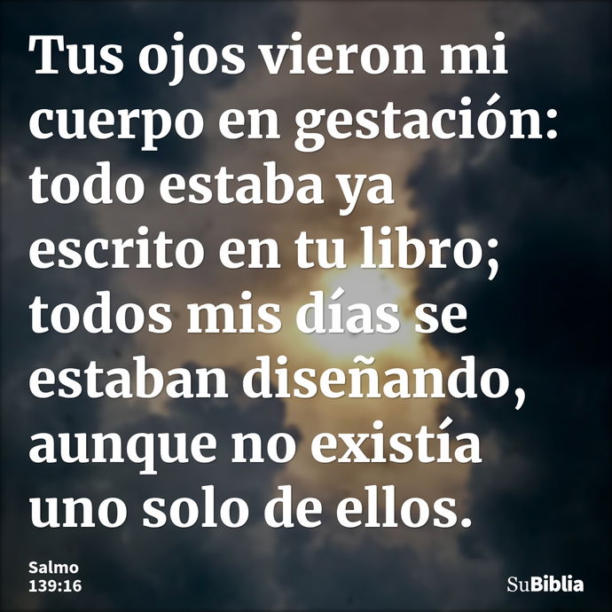 Tus ojos vieron mi cuerpo en gestación: todo estaba ya escrito en tu libro; todos mis días se estaban diseñando, aunque no existía uno solo de ellos. --- Salmo 139:16