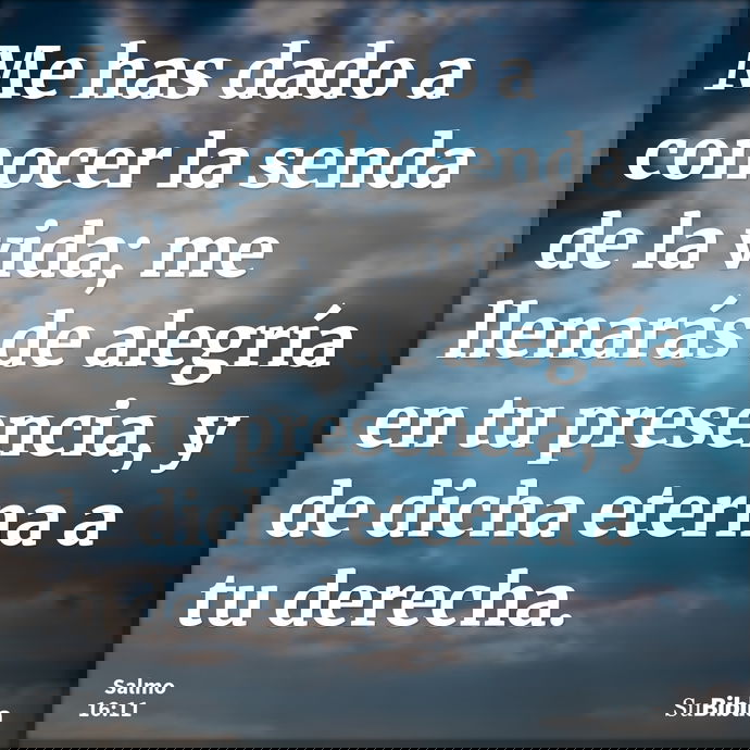 Me has dado a conocer la senda de la vida; me llenarás de alegría en tu presencia, y de dicha eterna a tu derecha. --- Salmo 16:11