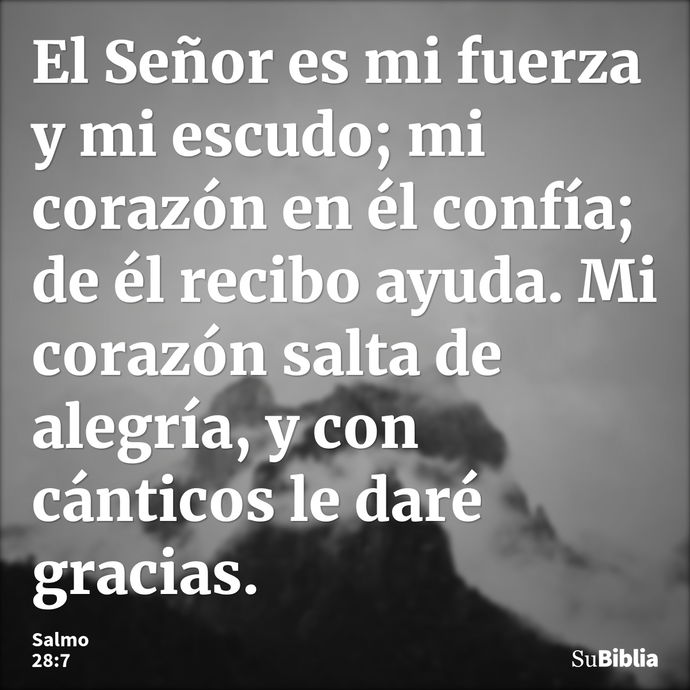 El Señor es mi fuerza y mi escudo; mi corazón en él confía; de él recibo ayuda. Mi corazón salta de alegría, y con cánticos le daré gracias. --- Salmo 28:7