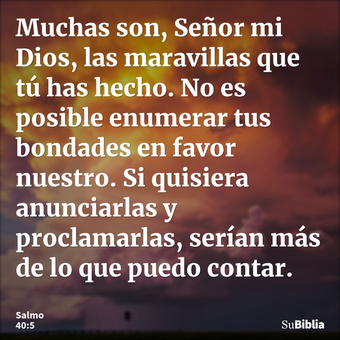 Muchas son, Señor mi Dios, las maravillas que tú has hecho. No es posible enumerar tus bondades en favor nuestro. Si quisiera anunciarlas y proclamarlas, serían... --- Salmo 40:5