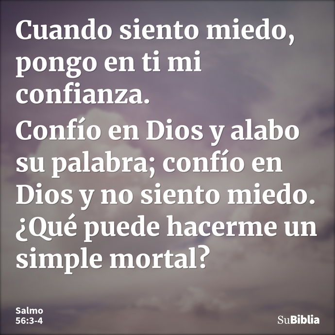 Cuando siento miedo, pongo en ti mi confianza. Confío en Dios y alabo su palabra; confío en Dios y no siento miedo. ¿Qué puede hacerme un simple mortal? --- Salmo 56:3