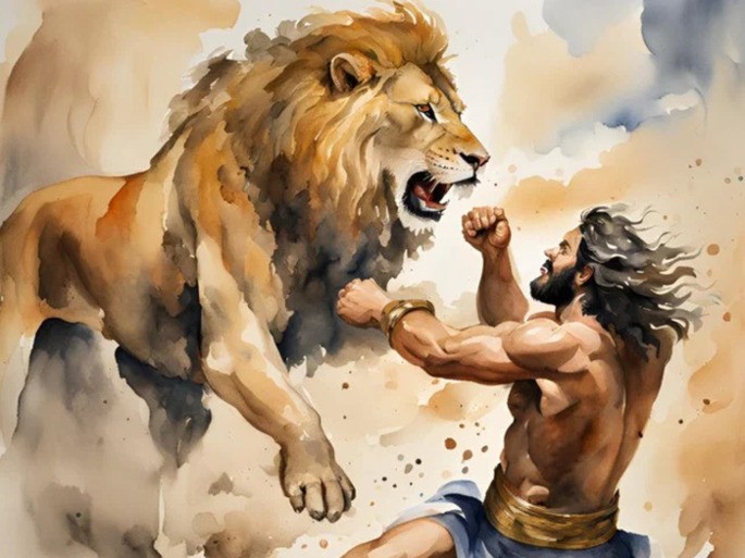 Sansón luchando con un león al que derrotó con sus propias manos