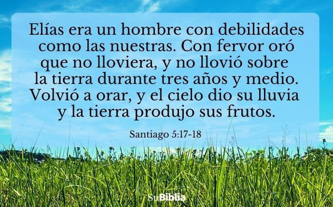 Elías era un hombre con debilidades como las nuestras. Con fervor oró que no lloviera, y no llovió sobre la tierra durante tres años y medio. Volvió a orar, y el cielo dio su lluvia y la tierra produjo sus frutos. (Santiago 5:17-18)