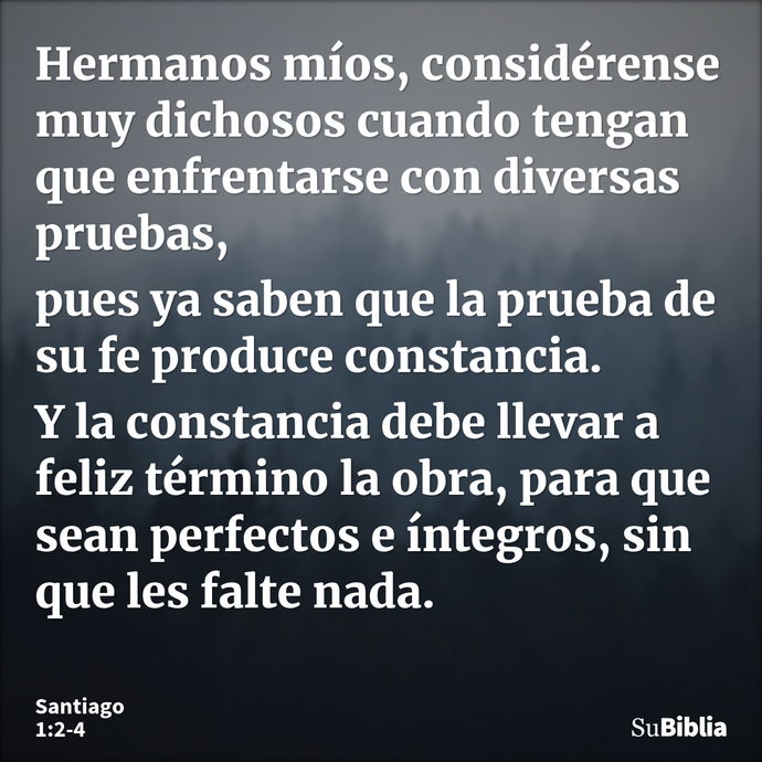 Hermanos míos, considérense muy dichosos cuando tengan que enfrentarse con diversas pruebas, pues ya saben que la prueba de su fe produce constancia. Y la const... --- Santiago 1:2