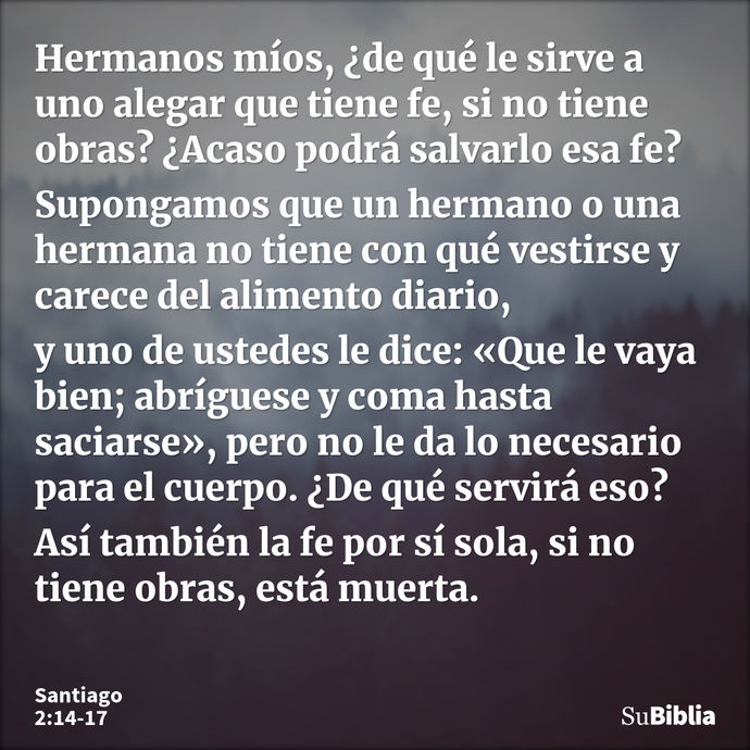 Hermanos míos, ¿de qué le sirve a uno alegar que tiene fe, si no tiene obras? ¿Acaso podrá salvarlo esa fe? Supongamos que un hermano o una hermana no tiene con... --- Santiago 2:14