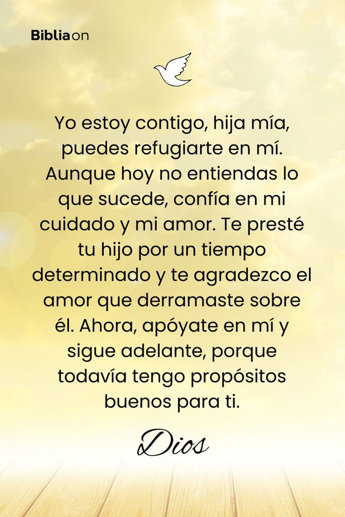 Yo estoy contigo, hija mía, puedes refugiarte en mí. Aunque hoy no entiendas lo que sucede, confía en mi cuidado y mi amor. Te presté tu hijo por un tiempo determinado y te agradezco el amor que derramaste sobre él. Ahora, apóyate en mí y sigue adelante, porque todavía tengo propósitos buenos para ti.