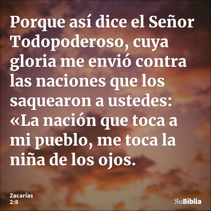 Porque así dice el Señor Todopoderoso, cuya gloria me envió contra las naciones que los saquearon a ustedes: «La nación que toca a mi pueblo, me toca la niña de... --- Zacarías 2:8