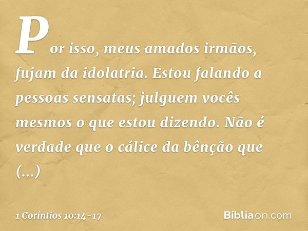 Por isso, meus amados irmãos, fujam da idolatria. Estou falando a pessoas sensatas; julguem vocês mesmos o que estou dizendo. Não é verdade que o cálice da bênç