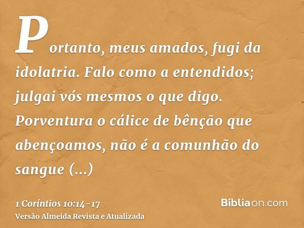 Portanto, meus amados, fugi da idolatria.Falo como a entendidos; julgai vós mesmos o que digo.Porventura o cálice de bênção que abençoamos, não é a comunhão do 