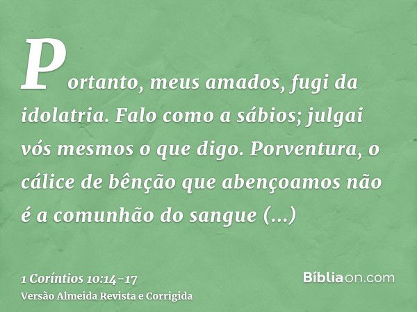 Portanto, meus amados, fugi da idolatria.Falo como a sábios; julgai vós mesmos o que digo.Porventura, o cálice de bênção que abençoamos não é a comunhão do sang