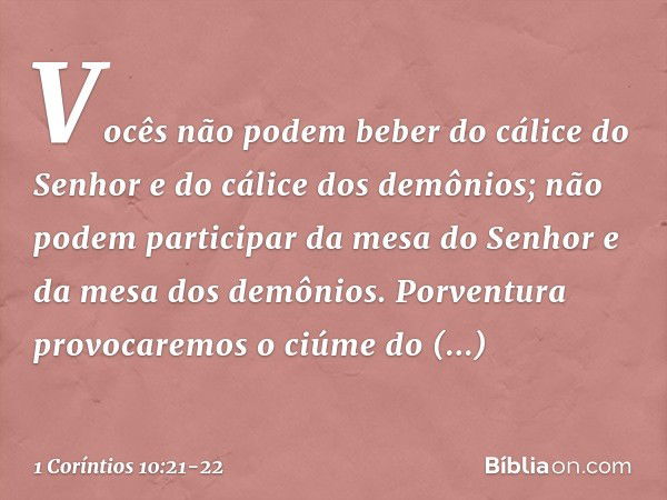 Vocês não podem beber do cálice do Senhor e do cálice dos demônios; não podem participar da mesa do Senhor e da mesa dos demônios. Porventura provocaremos o ciú