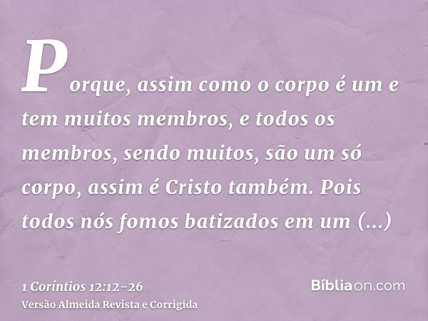 Porque, assim como o corpo é um e tem muitos membros, e todos os membros, sendo muitos, são um só corpo, assim é Cristo também.Pois todos nós fomos batizados em