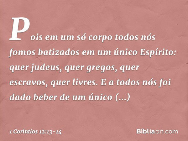 Pois em um só corpo todos nós fomos batizados em um único Espírito: quer judeus, quer gregos, quer escravos, quer livres. E a todos nós foi dado beber de um úni