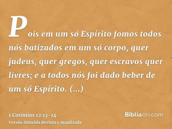 Pois em um só Espírito fomos todos nós batizados em um só corpo, quer judeus, quer gregos, quer escravos quer livres; e a todos nós foi dado beber de um só Espí