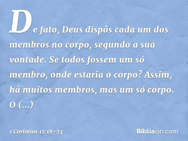 De fato, Deus dispôs cada um dos membros no corpo, segundo a sua vontade. Se todos fossem um só membro, onde estaria o corpo? Assim, há muitos membros, mas um s