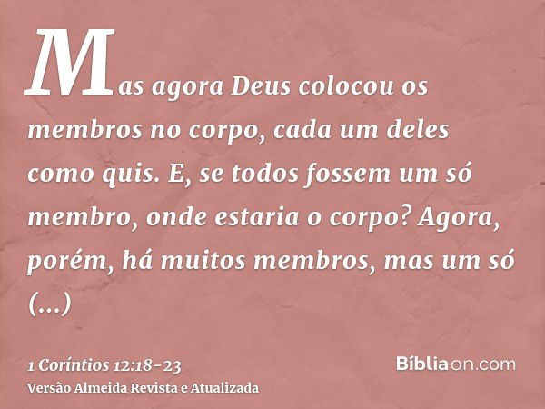 Mas agora Deus colocou os membros no corpo, cada um deles como quis.E, se todos fossem um só membro, onde estaria o corpo?Agora, porém, há muitos membros, mas u