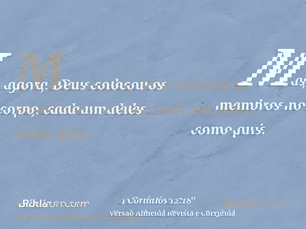 Mas, agora, Deus colocou os membros no corpo, cada um deles como quis.