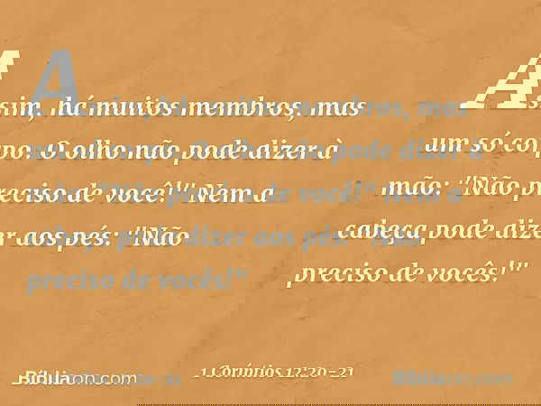 Assim, há muitos membros, mas um só corpo. O olho não pode dizer à mão: "Não preciso de você!" Nem a cabeça pode dizer aos pés: "Não preciso de vocês!" -- 1 Cor