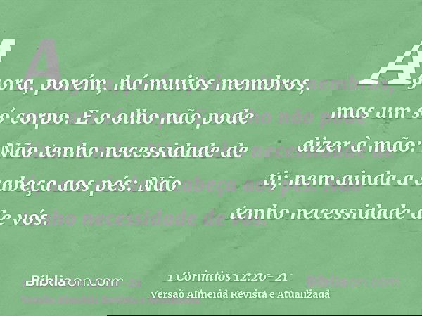 Agora, porém, há muitos membros, mas um só corpo.E o olho não pode dizer à mão: Não tenho necessidade de ti; nem ainda a cabeça aos pés: Não tenho necessidade d
