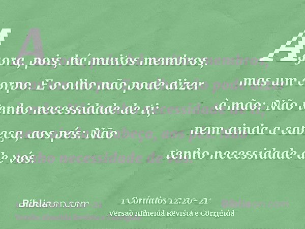 Agora, pois, há muitos membros, mas um corpo.E o olho não pode dizer à mão: Não tenho necessidade de ti; nem ainda a cabeça, aos pés: Não tenho necessidade de v