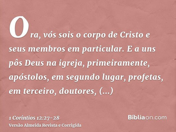 Ora, vós sois o corpo de Cristo e seus membros em particular.E a uns pôs Deus na igreja, primeiramente, apóstolos, em segundo lugar, profetas, em terceiro, dout