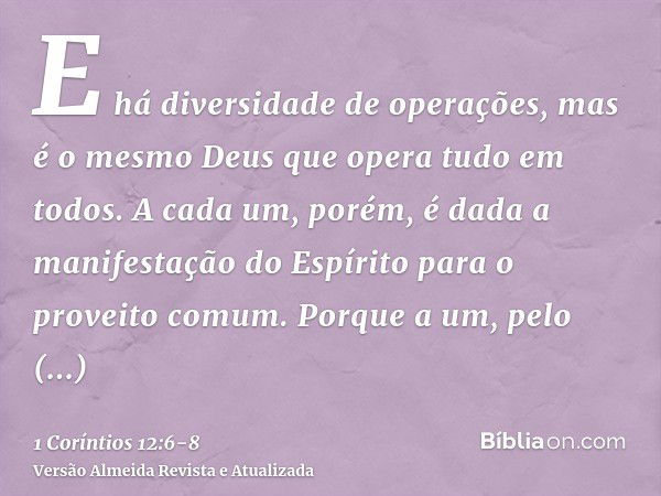 E há diversidade de operações, mas é o mesmo Deus que opera tudo em todos.A cada um, porém, é dada a manifestação do Espírito para o proveito comum.Porque a um,