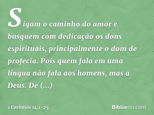 Sigam o caminho do amor e busquem com dedicação os dons espirituais, principalmente o dom de profecia. Pois quem fala em uma língua não fala aos homens, mas a D