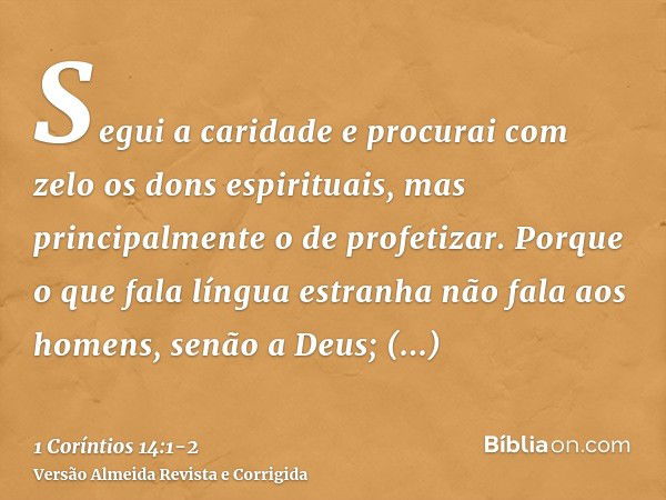 Segui a caridade e procurai com zelo os dons espirituais, mas principalmente o de profetizar.Porque o que fala língua estranha não fala aos homens, senão a Deus