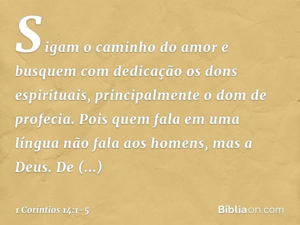 Sigam o caminho do amor e busquem com dedicação os dons espirituais, principalmente o dom de profecia. Pois quem fala em uma língua não fala aos homens, mas a D