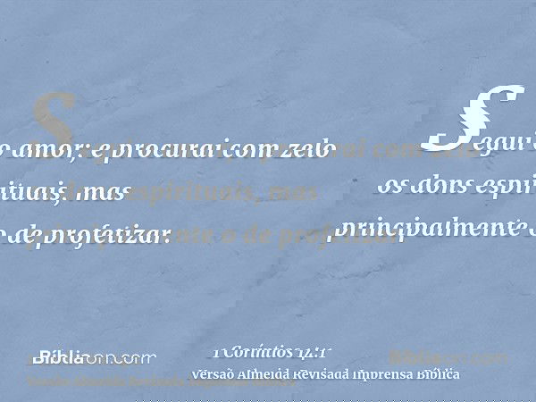 Segui o amor; e procurai com zelo os dons espirituais, mas principalmente o de profetizar.