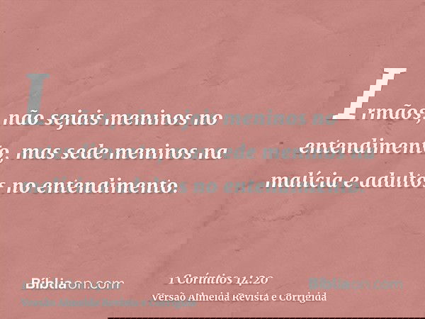 Irmãos, não sejais meninos no entendimento, mas sede meninos na malícia e adultos no entendimento.