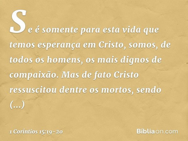 Se é somente para esta vida que temos esperança em Cristo, somos, de todos os homens, os mais dignos de compaixão. Mas de fato Cristo ressuscitou dentre os mort