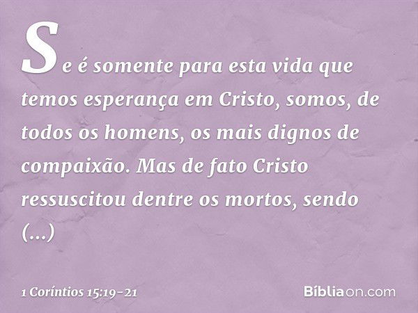 Se é somente para esta vida que temos esperança em Cristo, somos, de todos os homens, os mais dignos de compaixão. Mas de fato Cristo ressuscitou dentre os mort