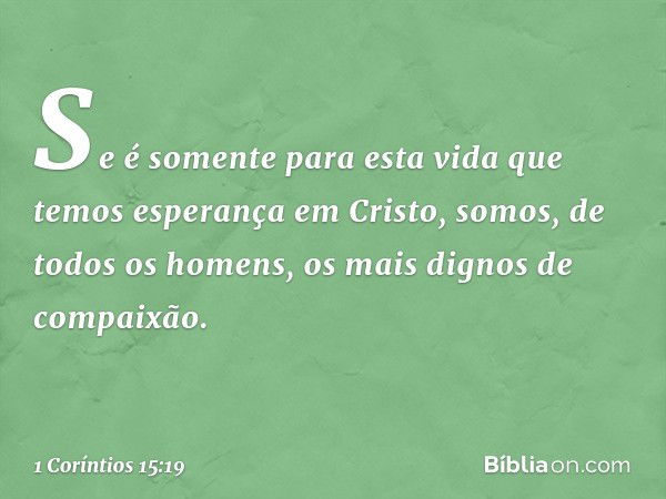 Se é somente para esta vida que temos esperança em Cristo, somos, de todos os homens, os mais dignos de compaixão. -- 1 Coríntios 15:19