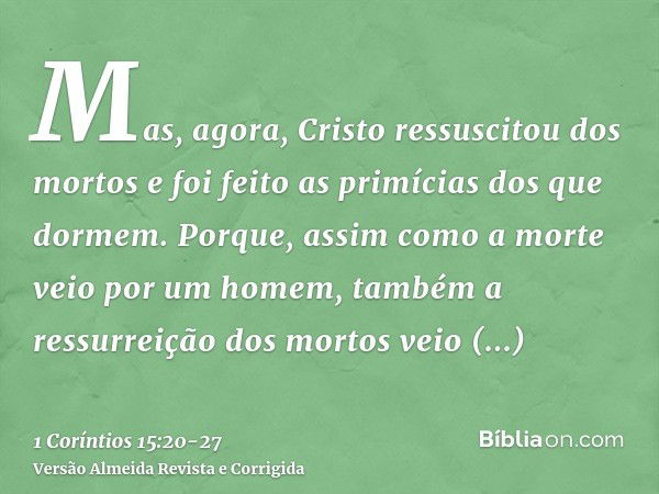 Mas, agora, Cristo ressuscitou dos mortos e foi feito as primícias dos que dormem.Porque, assim como a morte veio por um homem, também a ressurreição dos mortos