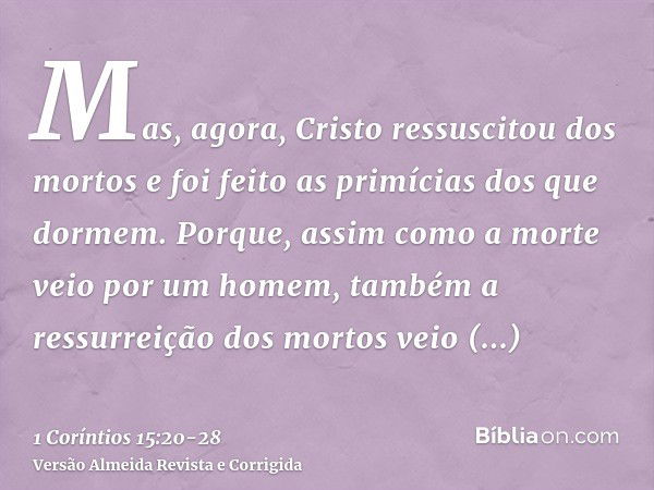 Mas, agora, Cristo ressuscitou dos mortos e foi feito as primícias dos que dormem.Porque, assim como a morte veio por um homem, também a ressurreição dos mortos