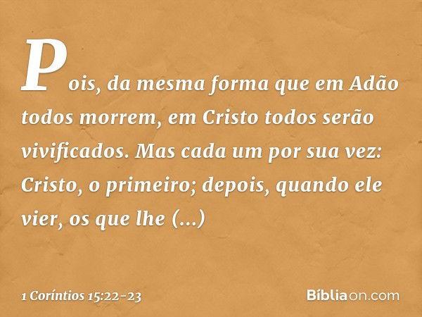 Pois, da mesma forma que em Adão todos morrem, em Cristo todos serão vivificados. Mas cada um por sua vez: Cristo, o primeiro; depois, quando ele vier, os que l