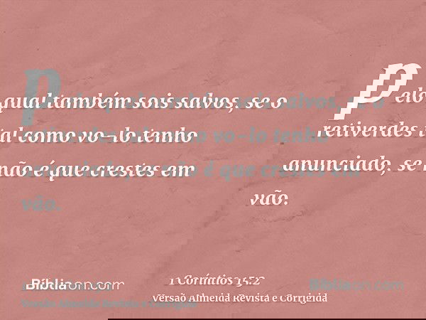 pelo qual também sois salvos, se o retiverdes tal como vo-lo tenho anunciado, se não é que crestes em vão.