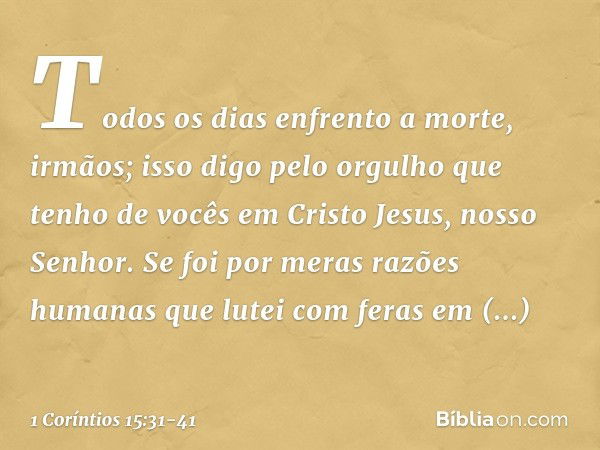 Todos os dias enfrento a morte, irmãos; isso digo pelo orgulho que tenho de vocês em Cristo Jesus, nosso Senhor. Se foi por meras razões humanas que lutei com f