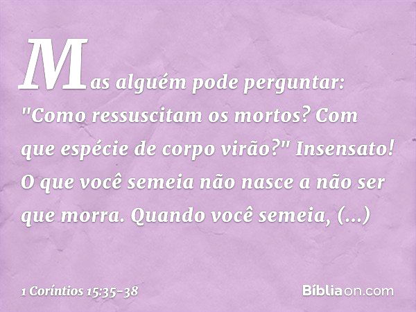 Mas alguém pode perguntar: "Como ressuscitam os mortos? Com que espécie de corpo virão?" Insensato! O que você semeia não nasce a não ser que morra. Quando você