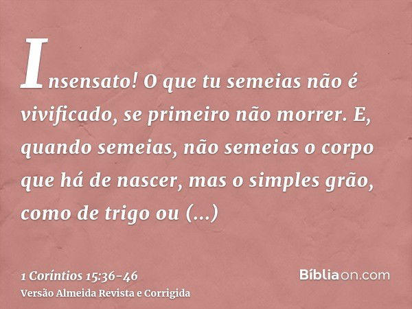 Insensato! O que tu semeias não é vivificado, se primeiro não morrer.E, quando semeias, não semeias o corpo que há de nascer, mas o simples grão, como de trigo 