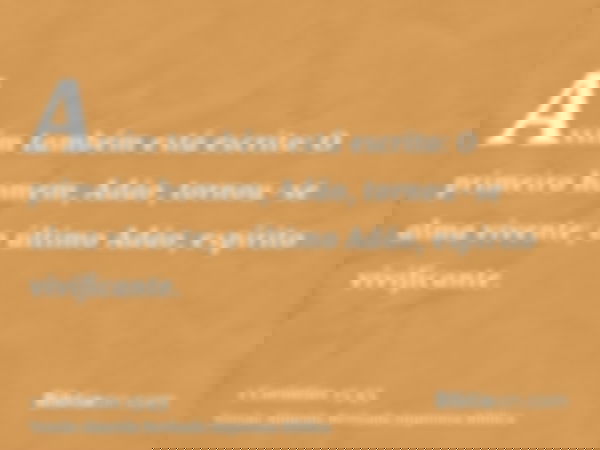 Assim também está escrito: O primeiro homem, Adão, tornou-se alma vivente; o último Adão, espírito vivificante.