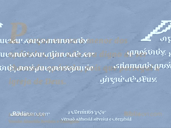 Porque eu sou o menor dos apóstolos, que não sou digno de ser chamado apóstolo, pois que persegui a igreja de Deus.