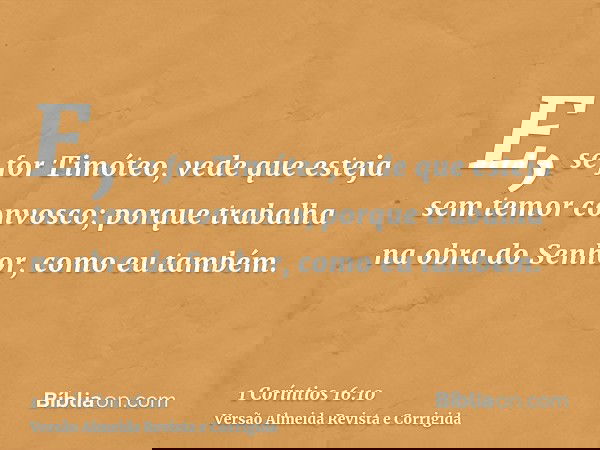 E, se for Timóteo, vede que esteja sem temor convosco; porque trabalha na obra do Senhor, como eu também.