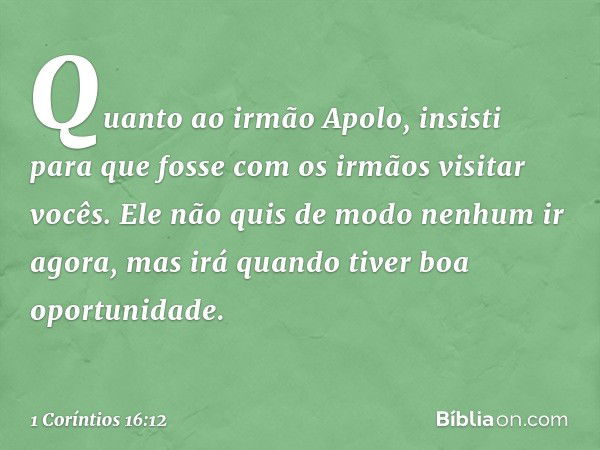 Quanto ao irmão Apolo, insisti para que fosse com os irmãos visitar vocês. Ele não quis de modo nenhum ir agora, mas irá quando tiver boa oportunidade. -- 1 Cor