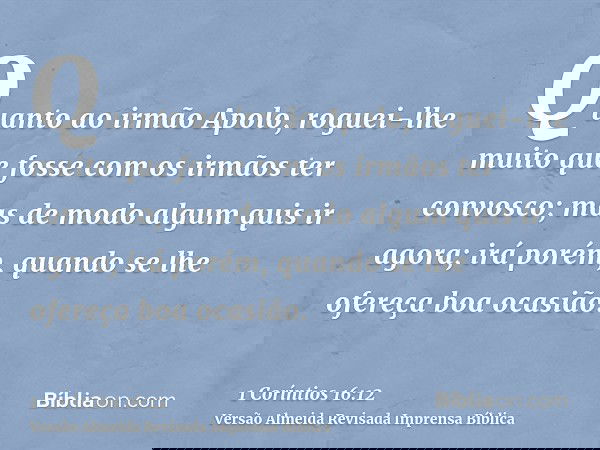 Quanto ao irmão Apolo, roguei-lhe muito que fosse com os irmãos ter convosco; mas de modo algum quis ir agora; irá porém, quando se lhe ofereça boa ocasião.